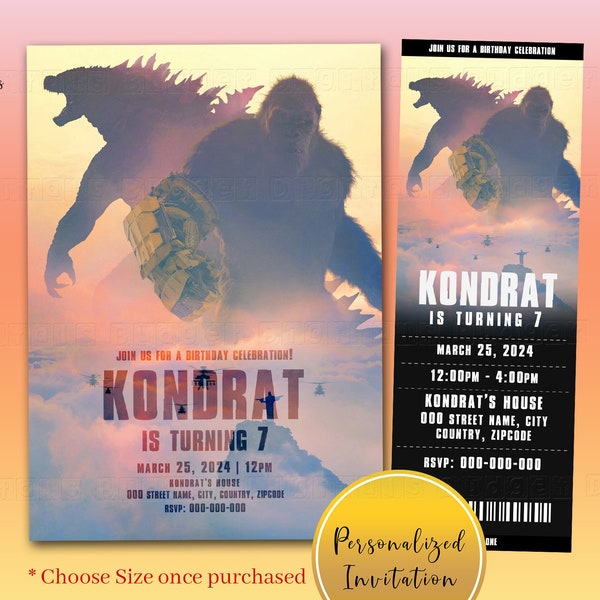 Godzilla x Kong The New Empire Birthday Invitation, Godzilla x Kong The New Empire Birthday Invitation Ticket Invitation, Godzilla Invite