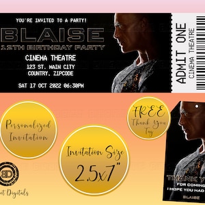 Convite de aniversário do Adão Negro, ingresso para o filme Adão Negro, festa de aniversário do Adão Negro, convite para ingresso do filme Adão Negro com etiqueta de agradecimento
