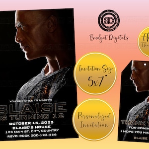 Convite de aniversário do Adão Negro, ingresso para o filme Adão Negro, festa de aniversário do Adão Negro, convite para o filme Adão Negro com etiqueta de agradecimento