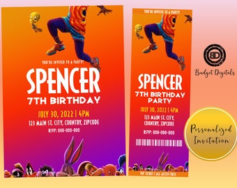 Peut inclure: Une invitation colorée pour une fête de 7e anniversaire avec un personnage de dessin animé portant un maillot de basket-ball. L'invitation est pour la fête du 7e anniversaire de Spencer le 30 juillet à 16h. L'invitation comprend l'adresse et les informations RSVP.