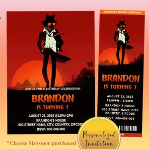 Pode incluir: Convite de aniversário personalizado com uma ilustração estilizada de um personagem semelhante a uma raposa com óculos de sol em um fundo de pôr do sol vermelho. O convite inclui detalhes do evento: nome, data, hora, local e informações RSVP.