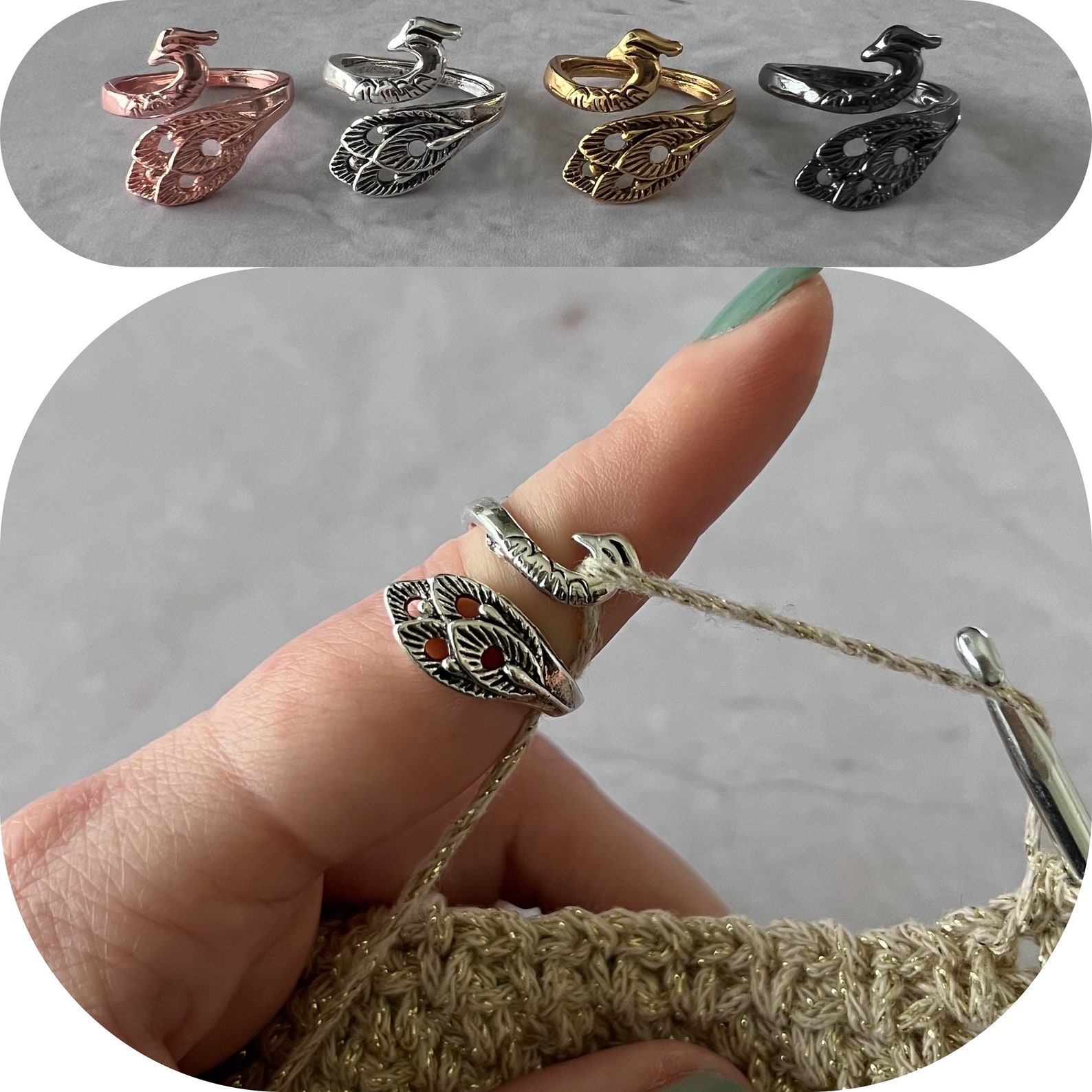 Yarn tension ring for knitting or crochet- adjustable - yarn guide, crochet ring, tension helper Peacock