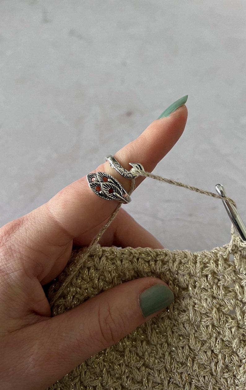 Yarn tension ring for knitting or crochet adjustable yarn guide, crochet ring, tension helper Peacock image 3