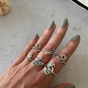 Puede incluir: Una mano con un conjunto de anillos de plata con varios diseños, incluyendo una serpiente, un gato y un pájaro. Los anillos se llevan en diferentes dedos.