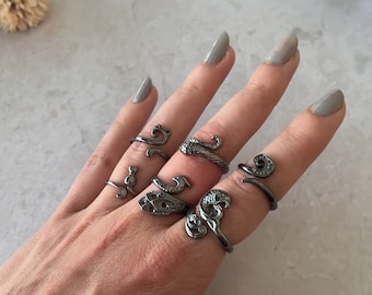 Peut inclure: Une main portant un ensemble de cinq bagues en métal noir. Les bagues sont toutes de designs différents, dont un serpent, un tourbillon et une feuille. Les bagues sont portées sur l'index, le majeur et l'annulaire.