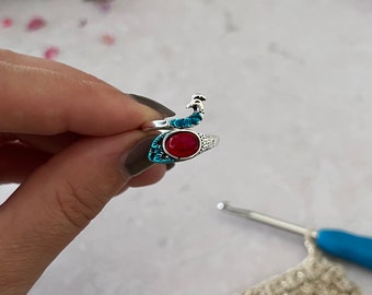 Peacock Yarn tension ring  for knitting or crochet- adjustable - yarn guide, crochet ring, tension helper