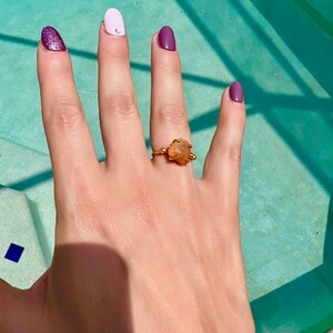 Opal ring; sterling silver adjustable ring;  orange yellow fire opal  stone 24k gold plated ring; October birthstone birth stone ring