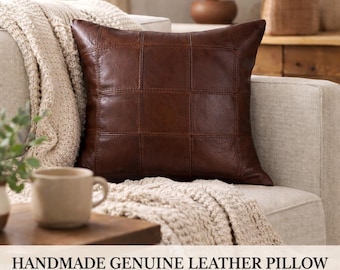 Square Patchwork Brown Genuine Leather Pillow Cover, Handmade Luxury, Vintage Hide, Modern Farmhouse Decor