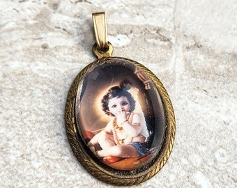 Baby Religious Portrait Necklace Vintage Pendant Charm