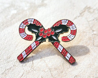 Broche vintage de bastón de caramelo y acebo / Pin festivo de Navidad / Joyas de esmalte / Relleno de medias navideñas