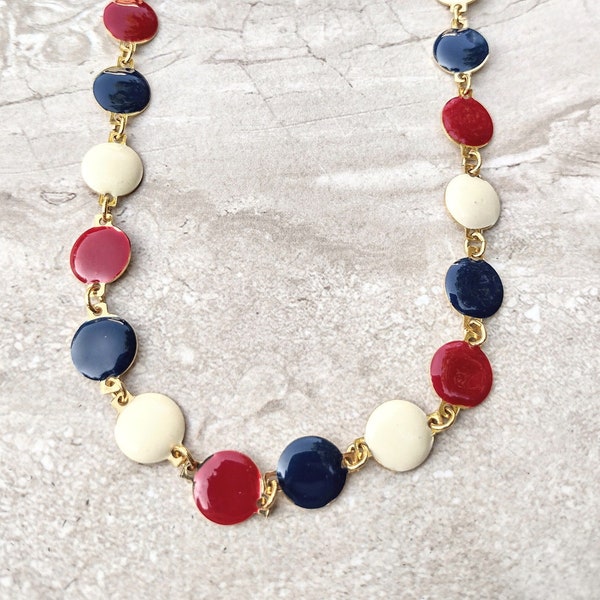 Vintage Modern Necklace, Red White and Blue, Gold Tone, Colorful Vintage Necklace, Circles