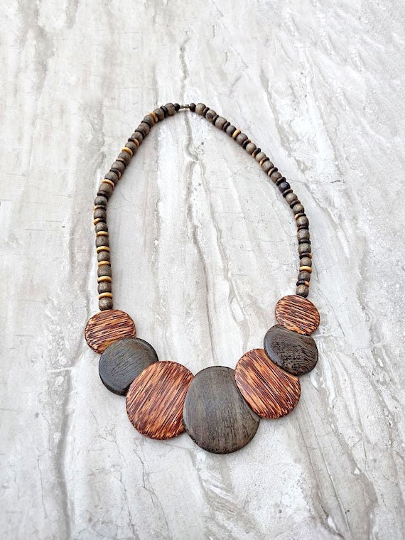 vintage wood bead necklace, wooden beads, beaded … - image 1