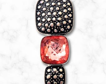 Vintage 2000s Tiered Square Pendant Brooch - Pink Cushion-Cut Glass Stone with Textured Metal & Faux Stud Accents - Y2k Costume Jewelry