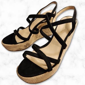 Sandalias de cuña Katrina de Pelle Moda - Tiras negras - Talla 7.5 - Zapatos vintage Y2K