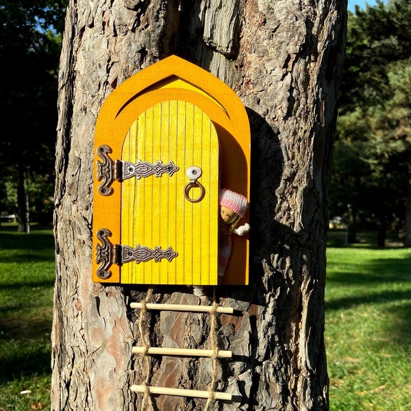 Opening fairy door, yellow fairy door. Wall decor and garden decor