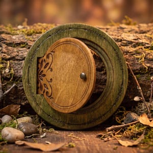 Pode incluir: Uma porta circular de madeira com acabamento castanho claro e moldura verde escura. A porta apresenta um pequeno puxador de metal e um intrincado padrão floral recortado no lado esquerdo. A moldura é decorada com linhas gravadas e motivos.