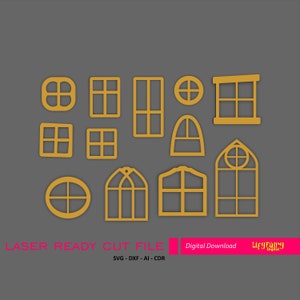 Puede incluir: Una colección de varios archivos de corte de ventanas doradas en diferentes formas, incluyendo cuadrados, rectángulos y diseños arqueados. El texto "LASER READY CUT FILE" se muestra en rosa, junto con "SVG - DXF - AI - CDR".