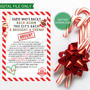 May include: A festive digital file with a Christmas theme. The design includes a red and white striped border, text that reads "Guess Who's Back?!" and "Instant Download". Candy canes and a red bow are also visible.