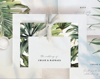 Tropical Wedding Invitation Suite, Beach Wedding Invitation, Hawaii Wedding Invite, Monstera, Palm Tree, With Rsvp, Template Download