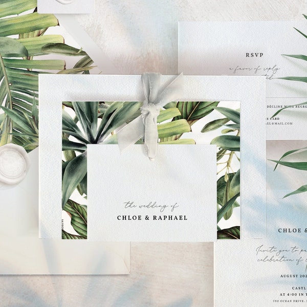 Suite d'invitation de mariage tropical, faire-part de mariage de plage, invitation de mariage d'Hawaï, Monstera, palmier, avec Rsvp, téléchargement de modèle