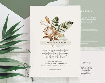 Tropical Wedding Invitation Suite, Boho Tropical Wedding Invites, Destination Beach Wedding, Protea, With Rsvp Cards , Template Download