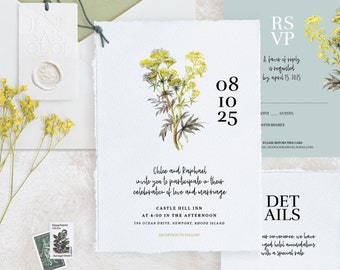 Wildflower Wedding Invitation Suite, Invitation de jardin lunatique, avec carte Rsvp et détails, botanique, jaune, téléchargement de modèle, Templett