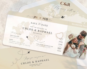 Carte d'embarquement réservez la date, faire-part de mariage de destination, faire-part de mariage de passeport, imprimable, thème de voyage, plage, téléchargement de modèle