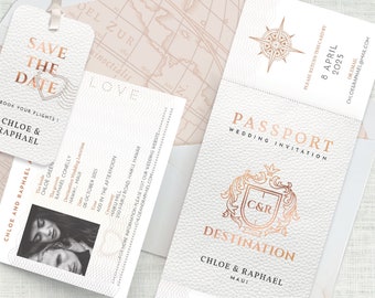 Passport Wedding Invitation Rose Gold, Destination Wedding Invitation, Boarding Pass, Travel Wedding, Pink, Elegant, Template Download