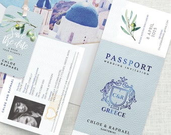 Greece Wedding Invitation, Passport Wedding Invitation Greece, Santorini Wedding Invitation, Greek Wedding, Destination, Template Download