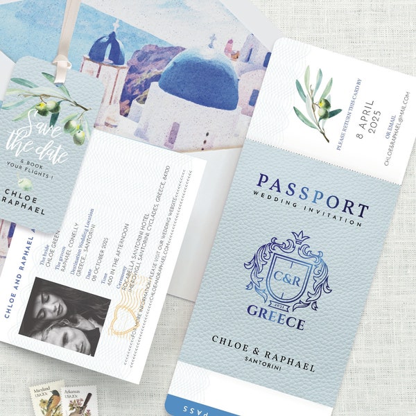 Greece Wedding Invitation, Passport Wedding Invitation Greece, Santorini Wedding Invitation, Greek Wedding, Destination, Template Download