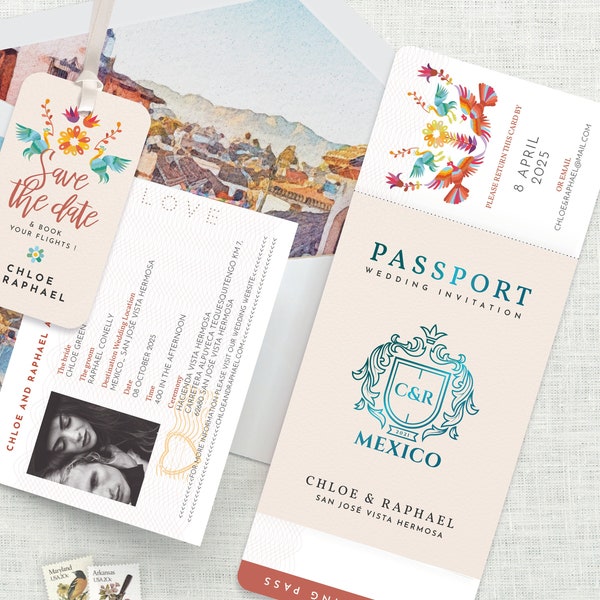 Pasaporte Invitación de Boda México, Invitación de Boda Mexicana, Fiesta, Boda de Destino, Tarjeta de Embarque, Guardar la Fecha, Descarga de Plantilla