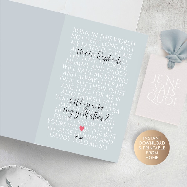 Godfather Proposal Printable, Will You be My Godfather Card, Godparent Proposal, Keepsake Note Card, Godfather Poem, Quotes, Gift Box,