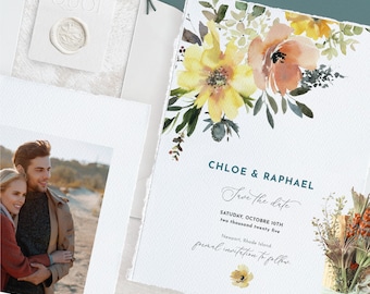 Fall Save The date Template, Save The Date Cards Sunflower, Wedding Date, With Photo, Digital, Template Download, Templett, Editable