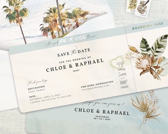 Boarding Pass Save The Date, Passport Wedding Invitation Boho, Tropical Save The date, Destination Wedding, Beach, Template Download