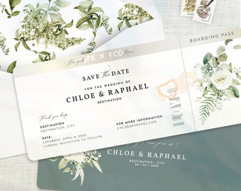 Boarding Pass Save The Date, Passport Wedding Invitation Floral, Greenery Save The Date Template, Destination Wedding, Template Download
