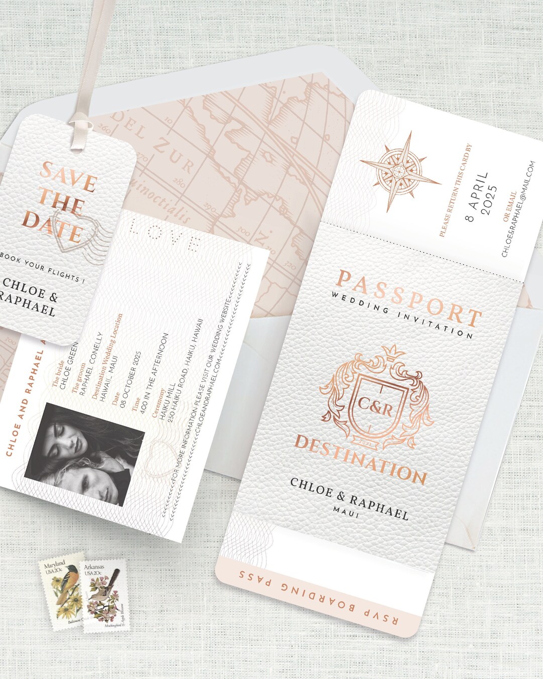 Passport Wedding Invitation Rose Gold, Destination Wedding Invitation