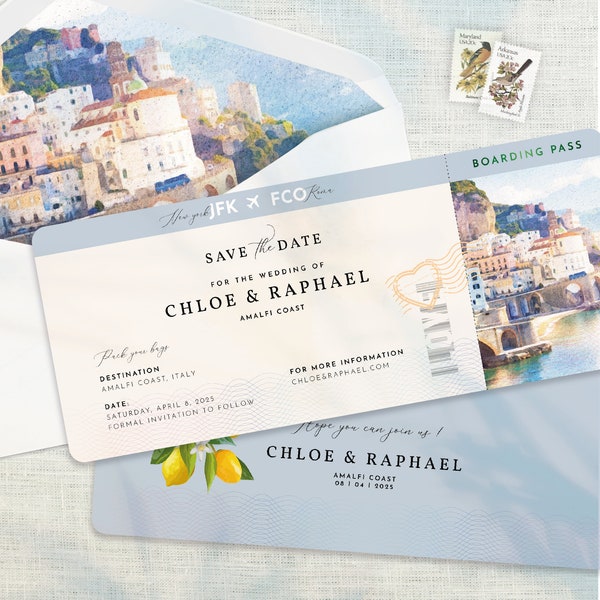 Carte d'embarquement Italie, carte d'embarquement réservez la date, passeport d'invitation de mariage Italie, côte amalfitaine, mariage de destination, téléchargement de modèle