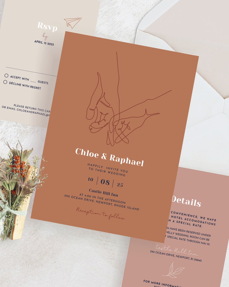 Terracotta Wedding Invitation Suite, Burnt Orange Wedding Invitation, Modern Boho, Earthy Wedding Invitation, With Rsvp, Template Download image 3