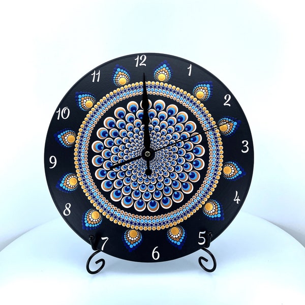 Peacock Mandala Upcycled Vinyl Record Clock Hand Painted