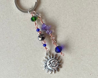 Sun & Moon Keychain with Amethyst and glass beads