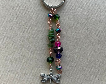 Dragonfly Keychain with Jade & rainbow beads