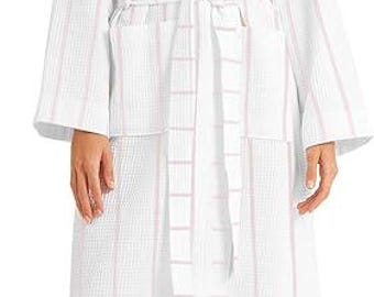 100% Turkish Cotton Waffle Dressing Gown with Pink Check Stripes – Kimono Bath Robe