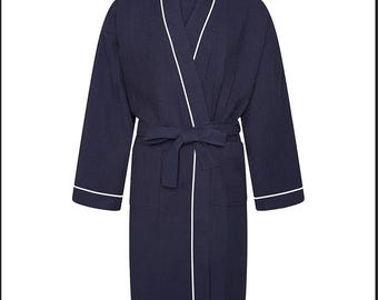 Mens Navy Blue Waffle Bathrobe: 100% Turkish Cotton Kimono Robe