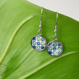 Lisbon Portugal tile photo earrings - dangly stainless steel - round glass bead - 1.26”x.47” - green blue - ships from US