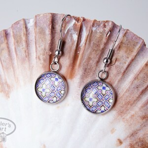 Tile photo earrings - Lisbon Portugal - stainless steel dangle - round glass bead - 1.26&quot;x.47&quot; - blue pink yellow - ships from US