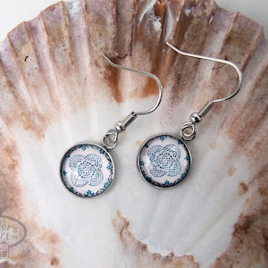 Round glass bead dangle earrings - stainless steel - Cascais Portugal tile photo - 1.26”x.47” - teal white - ships from US