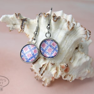 Dangly tile photo earrings - Lisbon Portugal - round glass bead - stainless steel - 1.26”x.47” - pink blue - ships from US