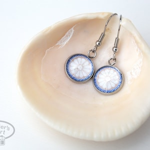 Aveiro Portugal photo tile earrings - stainless steel dangle - round glass bead - 1.26”x.47” - white blue beige - ships from US