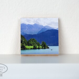 Photo on birch wood tile - scenic lake mountains trees - Lake Lungern Obwalden Switzerland - 2”x2”x.25” - ships from US