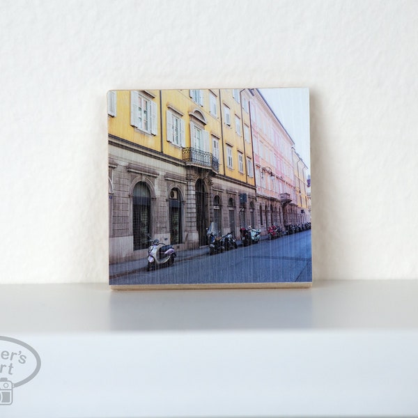 Small photo mounted on birch wood tile - row of mopeds - yellow pink buildings - Trieste Italy - 2”x2”x.25”- ships from US